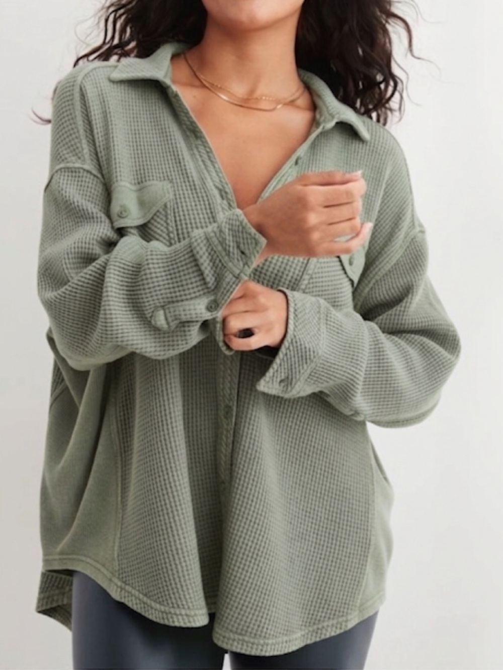 Aerie Waffle Knit Button-Up cotton blend Shirt sage green oversized S/M